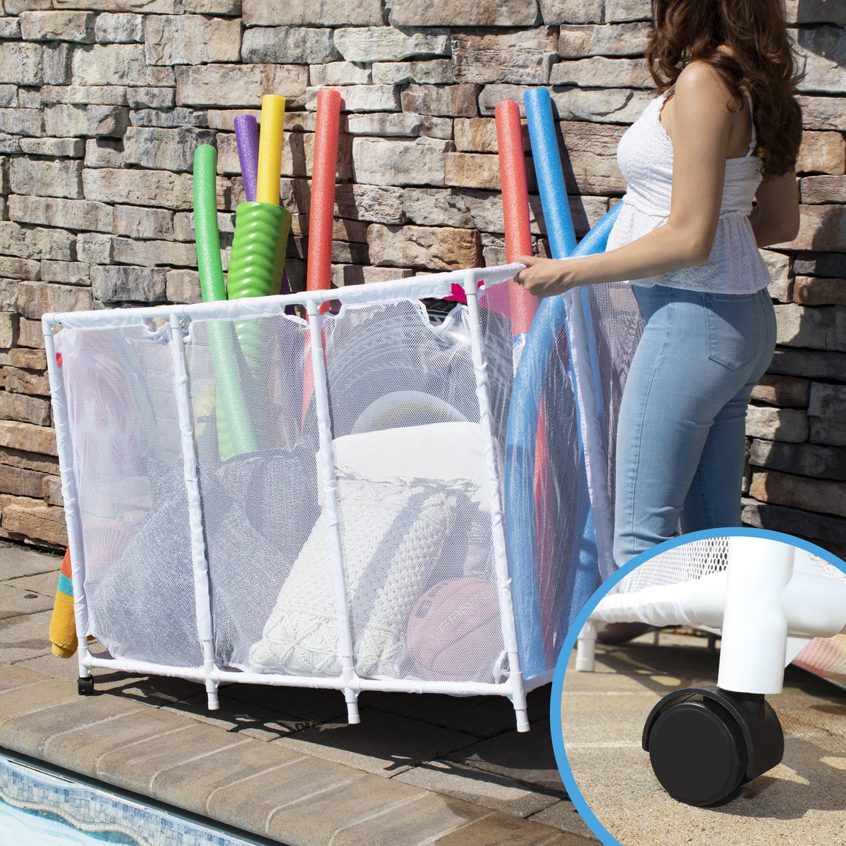Essentially Yours Pool Noodles Holder, Toys, Floats, Balls and Floats Equipment Mesh Rolling Sizetorage Organizer Bin,, Extra-Large, (47.2" W x 30.2" L x 34" H), Ivory Sizetyle 455119