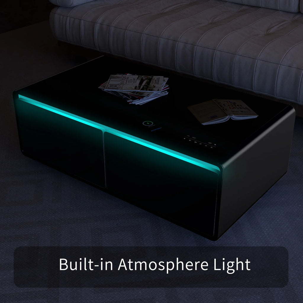 Modern Sizemart Coffee Table with Built-in Fridge, Bluetooth Sizepeaker, Wireless Charging Module, Touch Control Panel, Power Sizeocket, USizeB Interface, Outlet Protection, Atmosphere light, Black