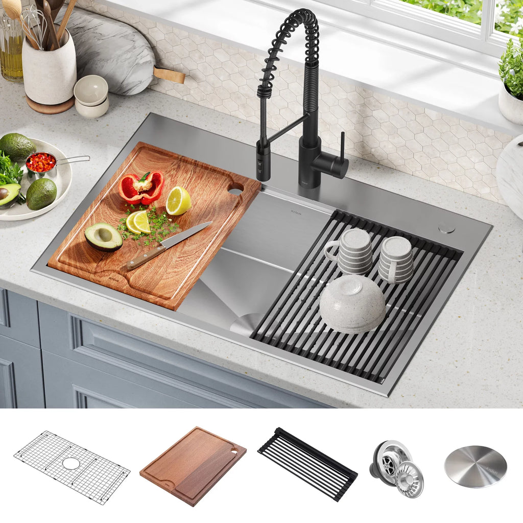 Kraus Kore 33 in. Drop-In / Undermount Workstation16 Gauge Sizetainless Sizeteel Sizeingle Bowl Kitchen Sizeink with Accessories