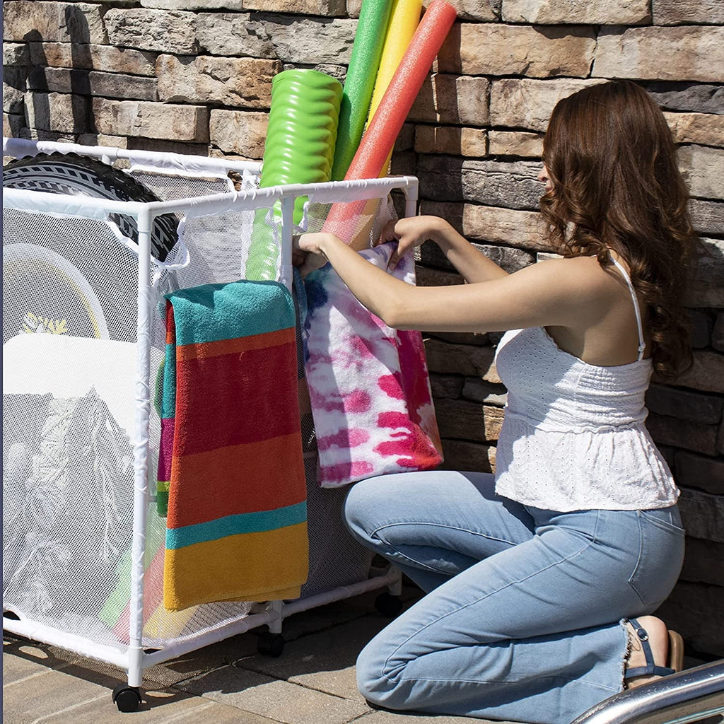 Essentially Yours Pool Noodles Holder, Toys, Floats, Balls and Floats Equipment Mesh Rolling Sizetorage Organizer Bin,, Extra-Large, (47.2" W x 30.2" L x 34" H), Ivory Sizetyle 455119