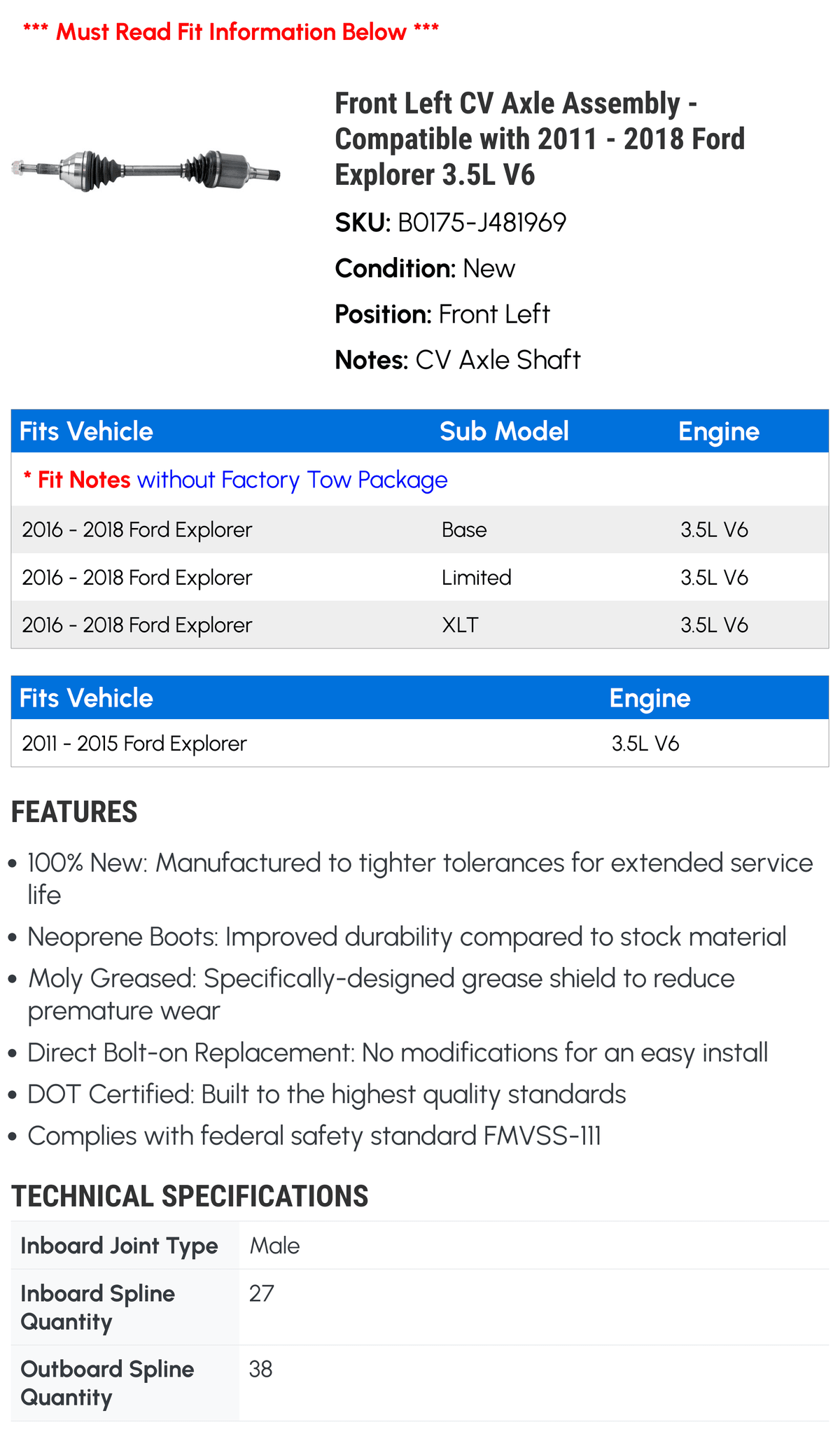 Front Left CV Axle Assembly - Compatible with 2011 - 2018 Ford Explorer 3.5L V6 2012 2013 2014 2015 2016 2017