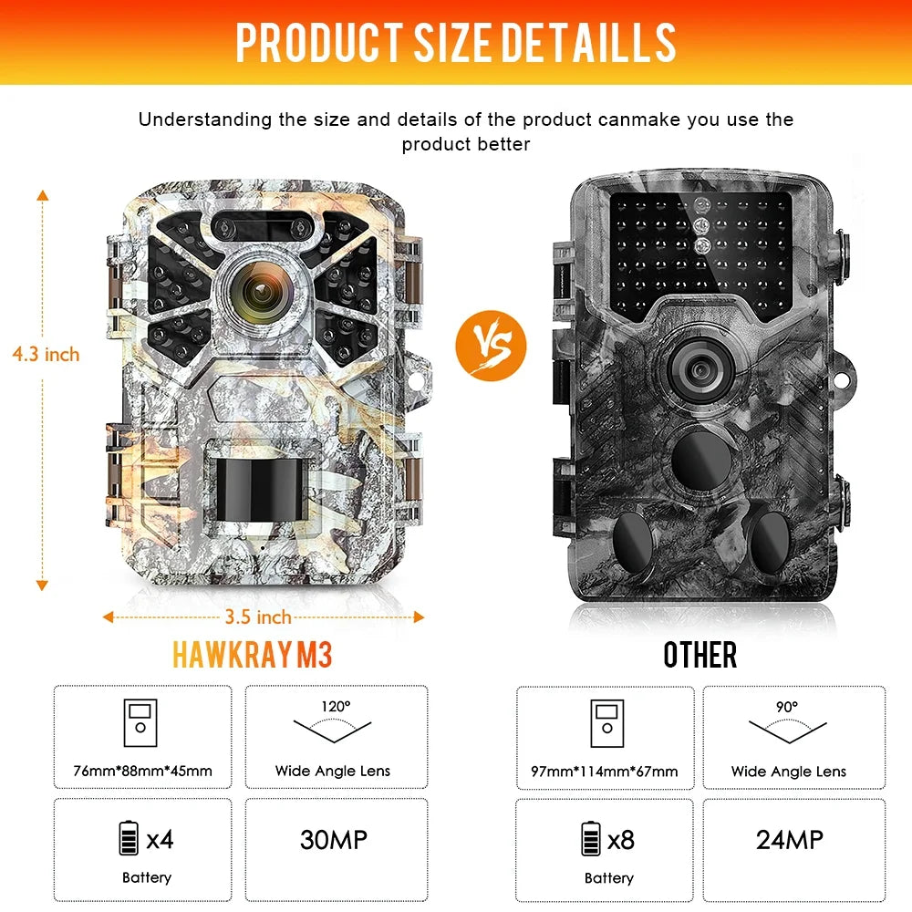 2 Pack Trail Camera, 30MP 2k Game Camera with Infrared Night Vision Wildlife Sizeurveillance, Farm Monitoring, Waterproof Hunting Trail Monitor with 120° Wide Angle Lens