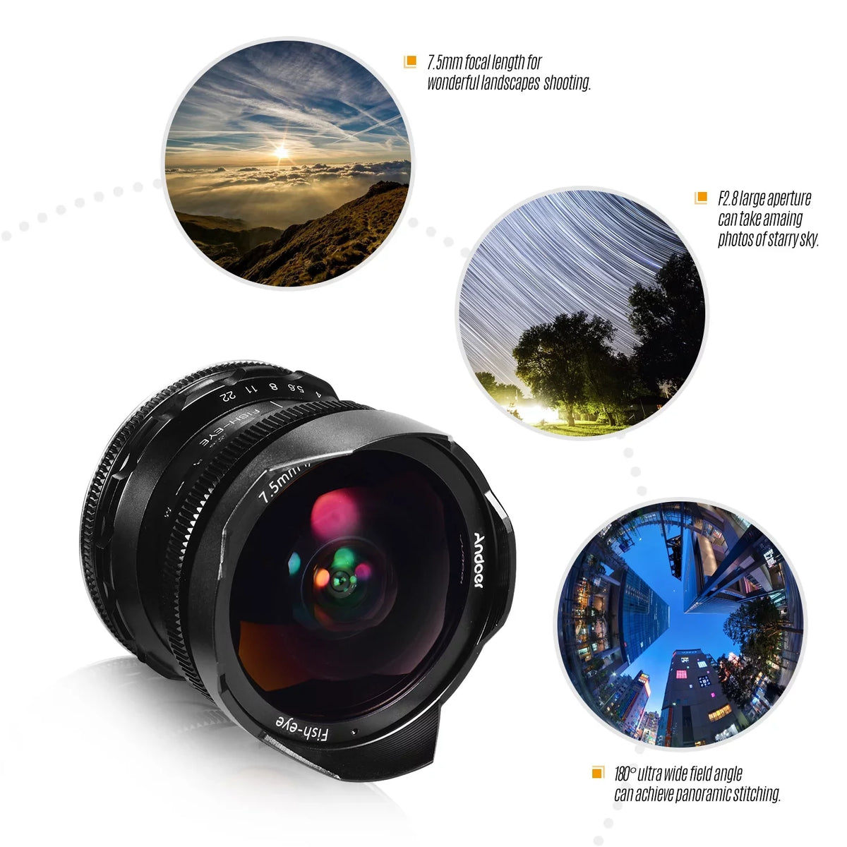 Andoer Camera lens,Fisheye Lens 180° Wide Aperture Lens Compatible With Wide Aperture E-mount Camera A6600 A6100 With Aps-c Frame Camera A6600 7.5mm F2.8 Manual A6500 A6300 A6000 Lens 180° Wide