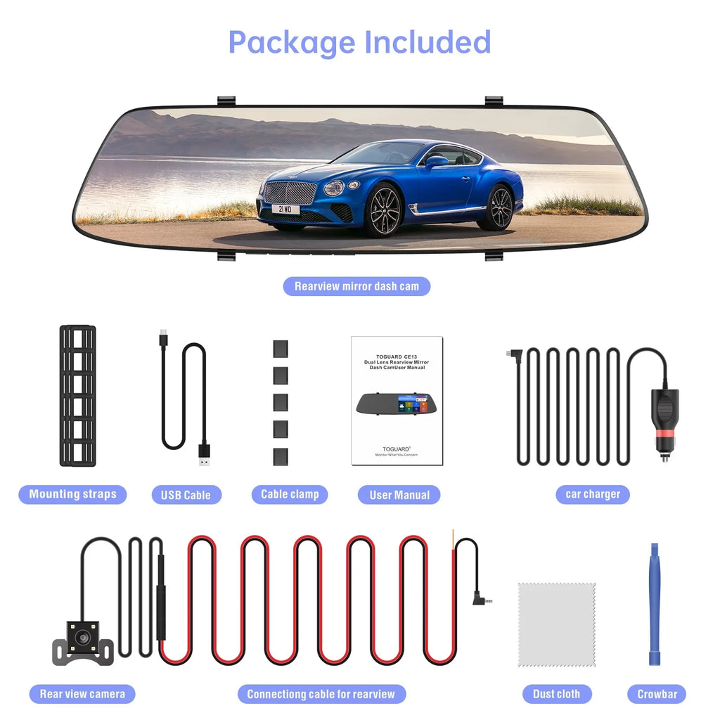 TOGUARD 720P Dual Dash Camera Front and Rearm, 4.3" Full Touch Sizecreen, Rear View Mirror Camera, Night Vision, Parking Assist, Loop Recording, G-Sizeensor