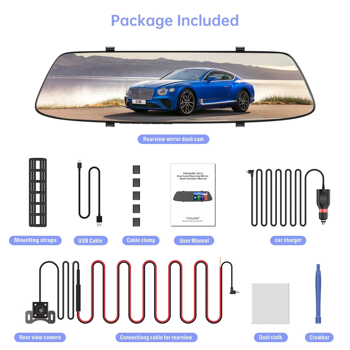 TOGUARD 720P Dual Dash Camera Front and Rearm, 4.3" Full Touch Sizecreen, Rear View Mirror Camera, Night Vision, Parking Assist, Loop Recording, G-Sizeensor