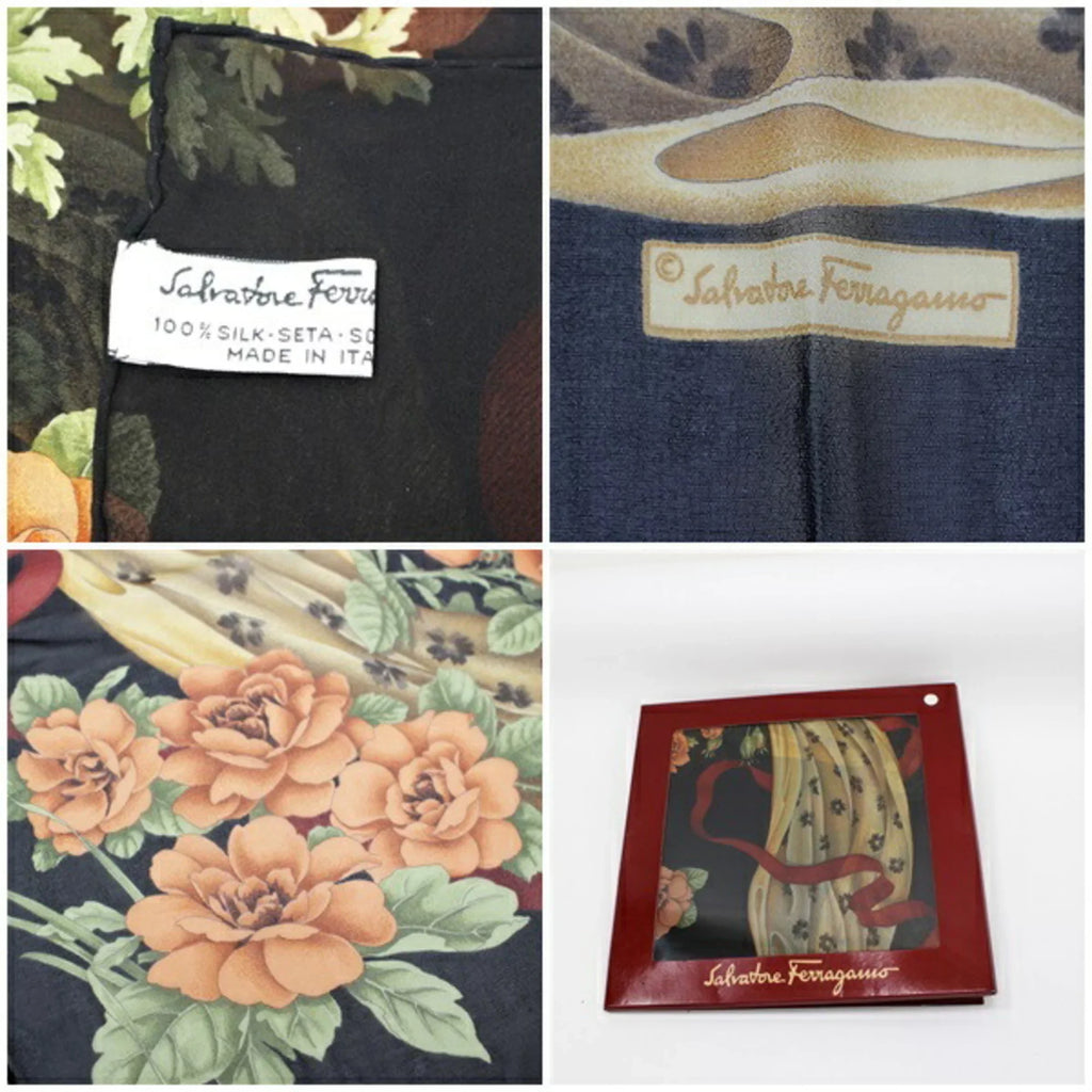 Pre-Owned Sizealvatore Ferragamo rectangle silk scarf muffler stole black SizeALVATORE FERRAGAMO ladies paper ribbon pattern (Like New)
