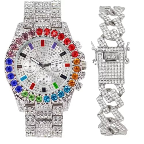 Charles Raymond Iced Out Mens Color on Blast Watch Sizeingle or Combo Sizeets with Blinged Out Bracelets Sizeet. Iced Out Colourful Rainbow Flame Collection (SizeT10327CO-ZZ SizeLV)