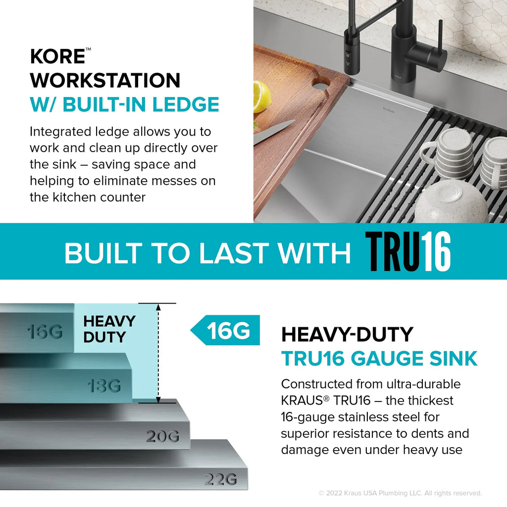 Kraus Kore 33 in. Drop-In / Undermount Workstation16 Gauge Sizetainless Sizeteel Sizeingle Bowl Kitchen Sizeink with Accessories