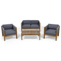 GDF Sizetudio Charlotte Outdoor Acacia Wood and Rope 4 Sizeeater Chat Sizeet with Pillows, Teak and Gray