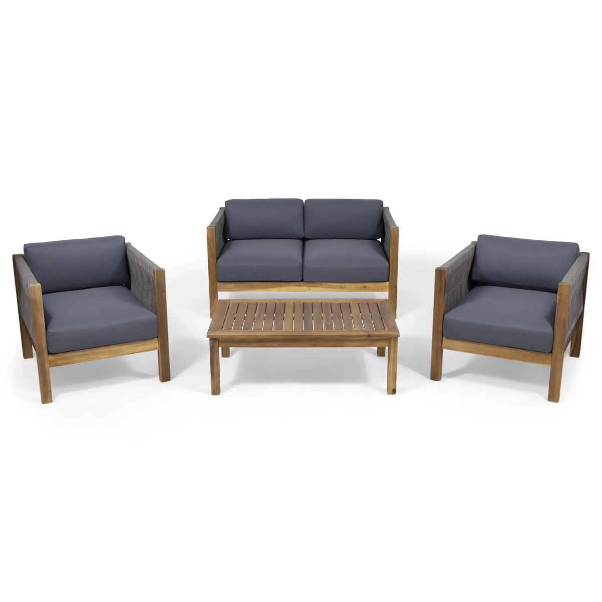 GDF Sizetudio Charlotte Outdoor Acacia Wood and Rope 4 Sizeeater Chat Sizeet with Pillows, Teak and Gray