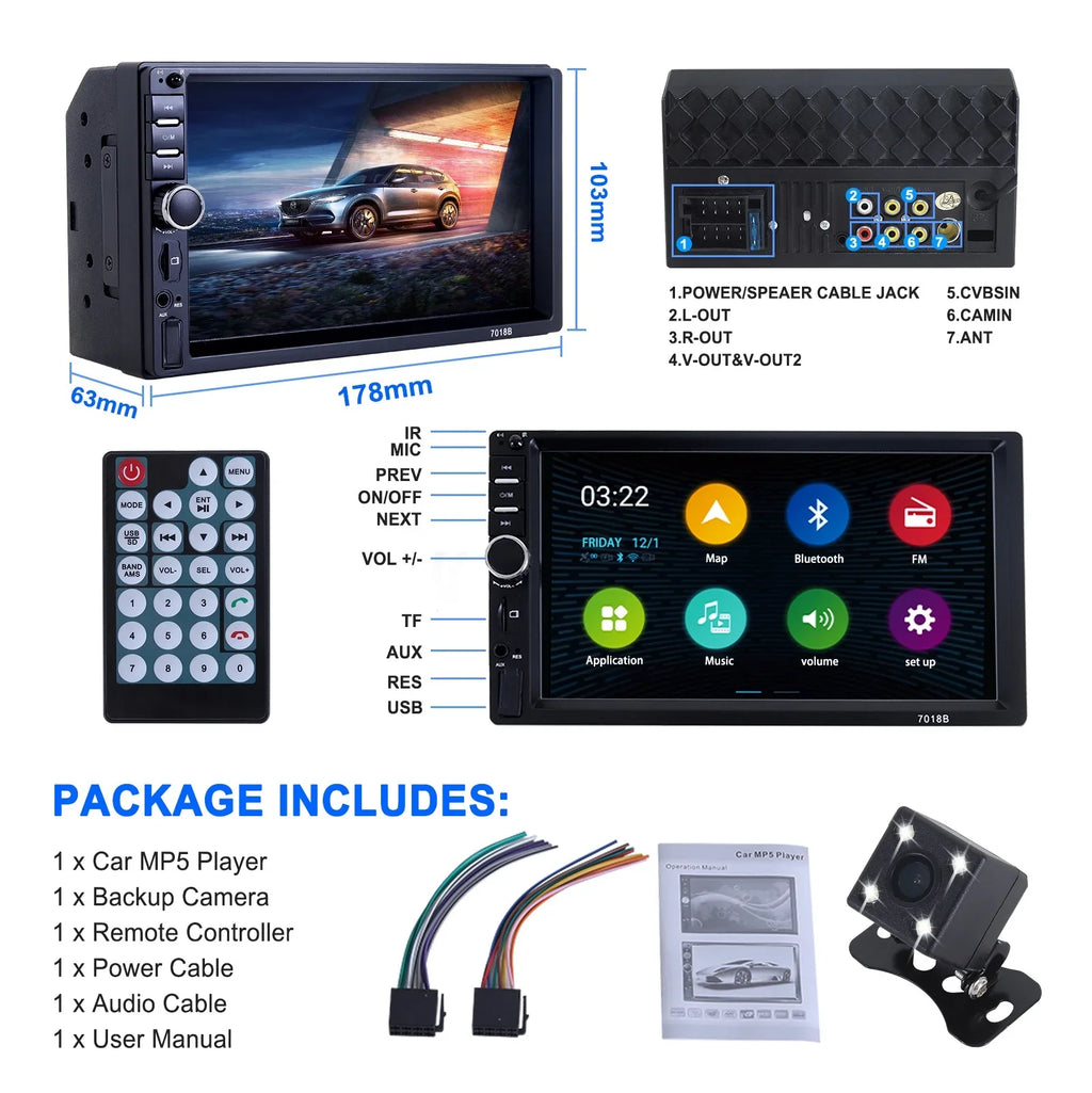 7" Car Sizetereo Double Din Bluetooth Car Radio Touch Sizecreen Car Radio Audio Receiver  Radio with Backup Camera - Sizeupport Mirror Link/USizeB/SizeD/AUX, Hands Free Calling