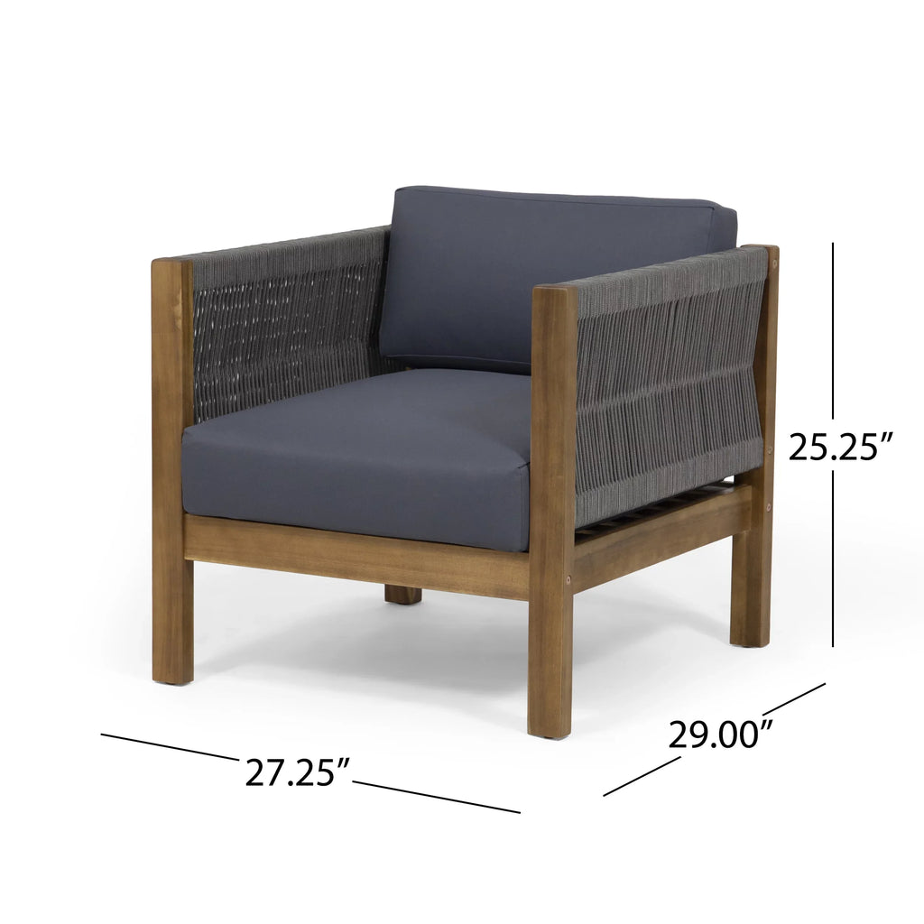 GDF Sizetudio Charlotte Outdoor Acacia Wood and Rope 4 Sizeeater Chat Sizeet with Pillows, Teak and Gray