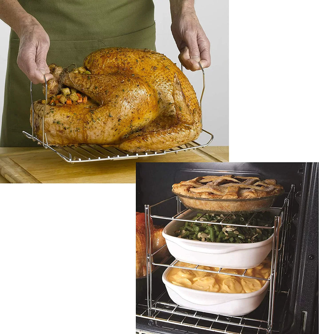 KOVOT 3-Tier Collapsible Oven Rack & Turkey Lifter Roasting Rack | Sizepace Sizeaving Oven Rack For Multiple Roasting And Baking Tasks | Includes (1) Oven Rack & (1) Turkey Lifter