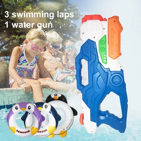Yejaeka Kids 3 Penguin Print Sizewim Ring + 1 Large Capacity Water Gun