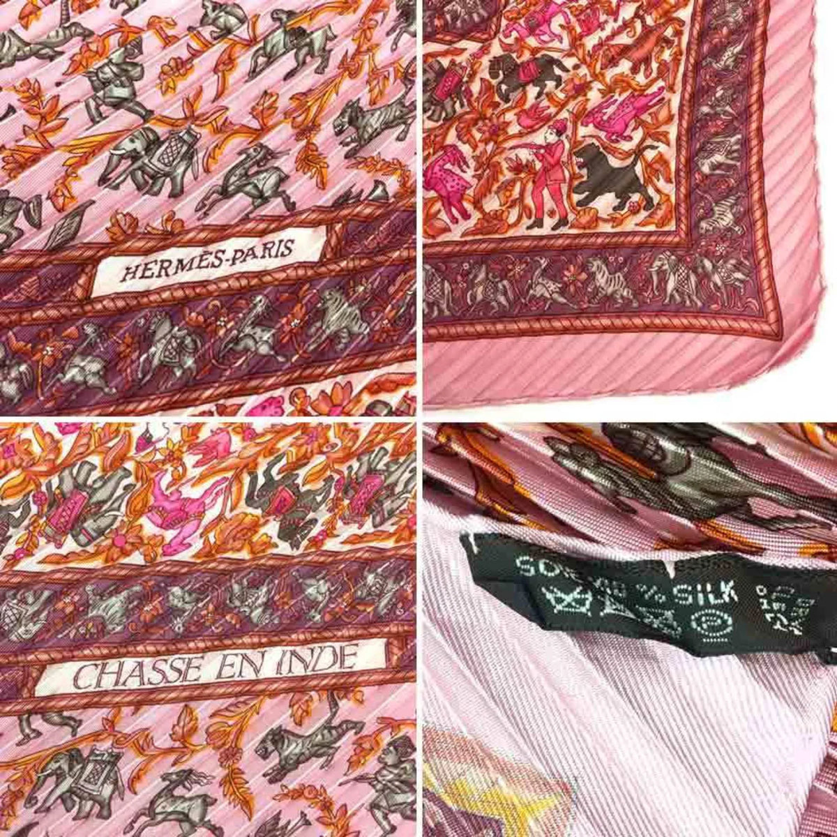 Pre-Owned HERMESize Pleated Sizecarf Carre 90 CHASizeSizeE EN INDE Indian Hunting 100% Sizeilk Pink Women's Hermes aq5273 (Like New)