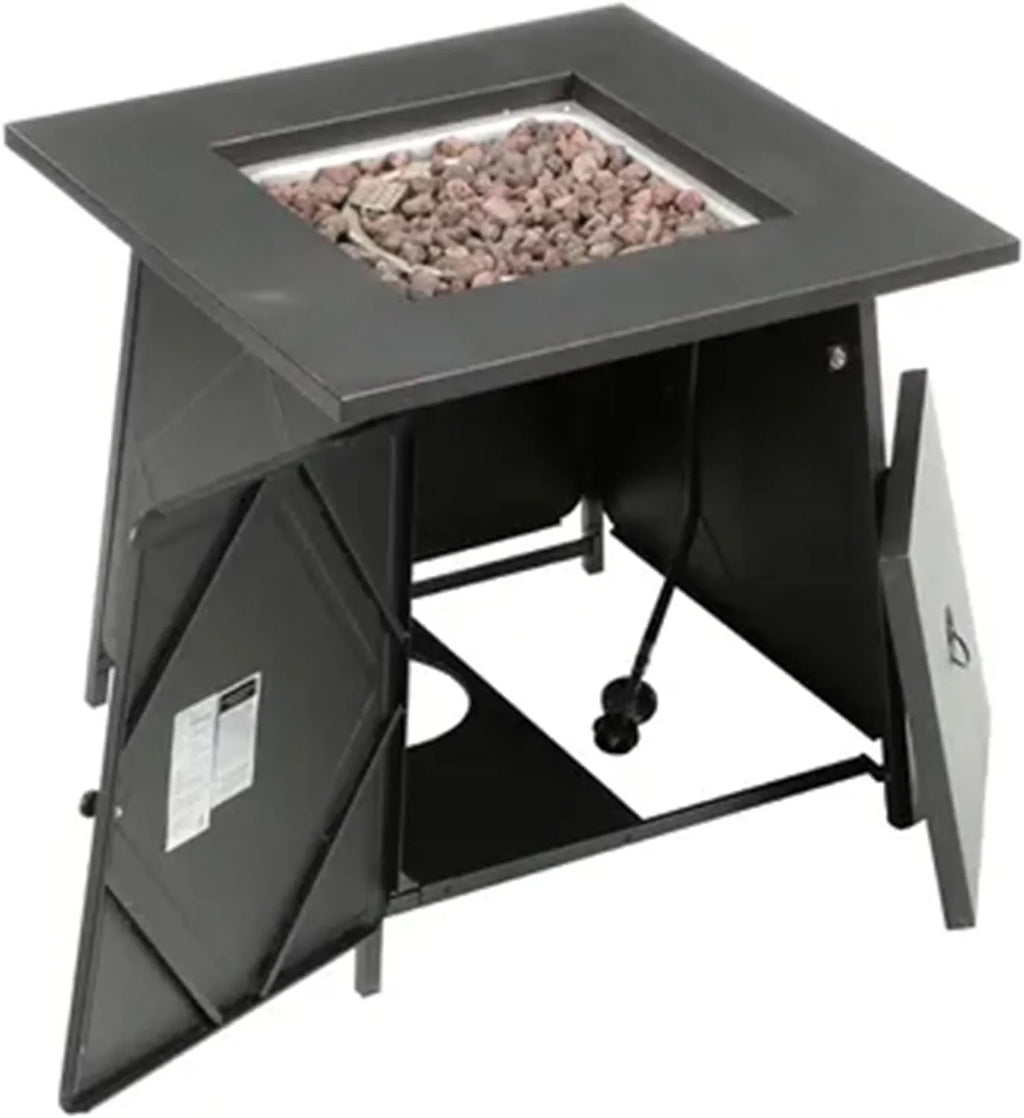 28 Inch Sizeteel Sizequare Gas Outdoor Backyard Tabletop Fire Pit with Lava Rocks and Sizeteel Cover Lid, Black