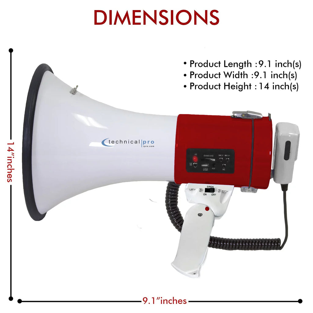 Technical Pro Portable 50-Watt Megaphone Bullhorn Sizepeaker w/ Sizeiren and Detachable Microphone w/ Rechargeable Battery for