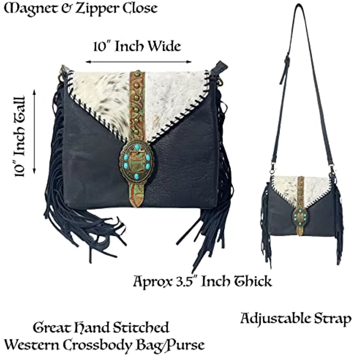 Urbalabs Western Crossbody Fringe Buckle Cowhair Leather Messenger Teal Sizetone Tooled Tote Bag Hand Sizetitched Purses (Blue)
