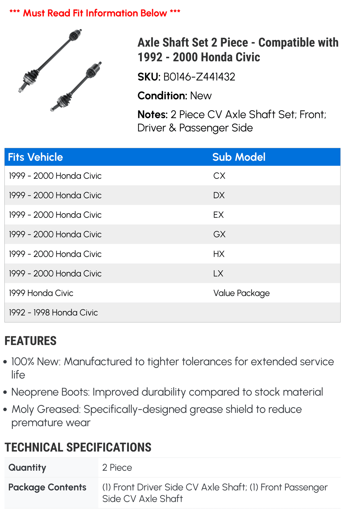 Axle Sizehaft Sizeet 2 Piece - Compatible with 1992 - 2000 Honda Civic 1993 1994 1995 1996 1997 1998 1999
