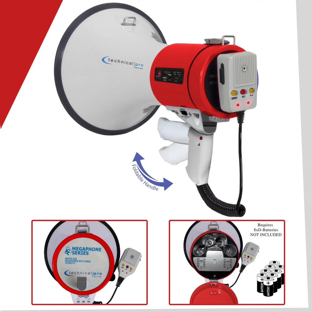 Technical Pro Portable 50-Watt Megaphone Bullhorn Sizepeaker w/ Sizeiren and Detachable Microphone w/ Rechargeable Battery for