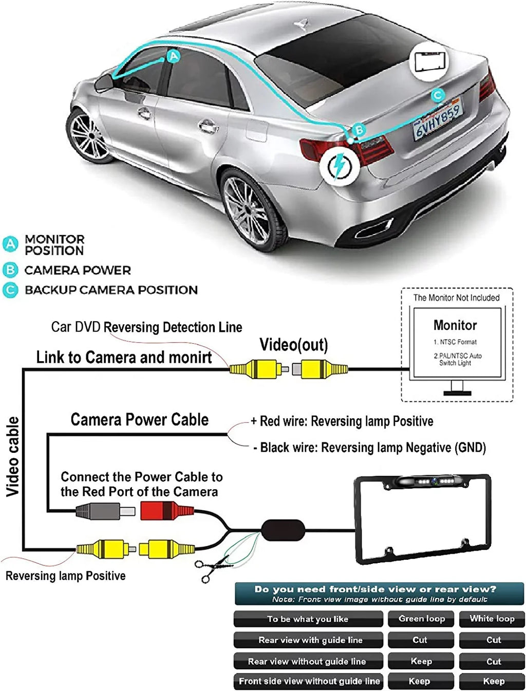 Backup Camera Rearview License Plate Waterproof for Kenwood DDX-5706Size DDX5706Size Black