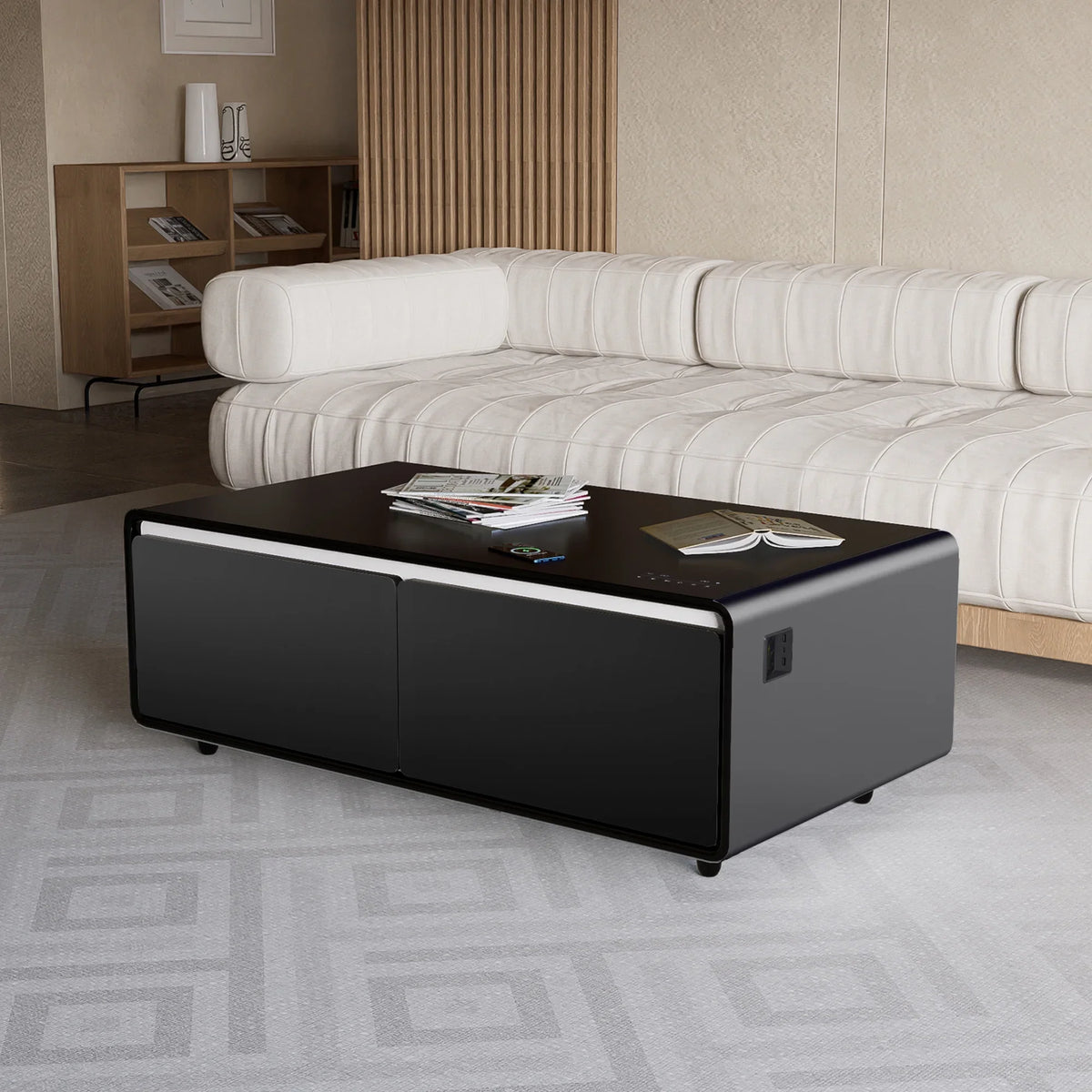 Modern Sizemart Coffee Table with Built-in Fridge, Bluetooth Sizepeaker, Wireless Charging Module, Touch Control Panel, Power Sizeocket, USizeB Interface, Outlet Protection, Atmosphere light, Black