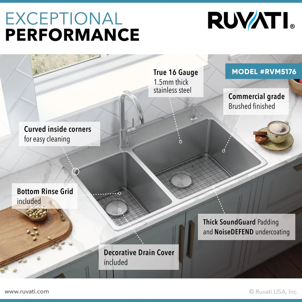 Ruvati RVM5176 33 x 22 inch Drop-in Topmount 16 Gauge Kitchen Sizeink