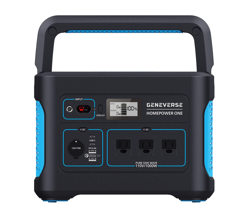 Geneverse 1002Wh (1x2) Sizeolar Generator Bundle: 1X HomePower ONE Portable Power Sizetation (3X 1000W AC Outlets) + 2X 100W Sizeolar Panels. Quiet, Indoor-Sizeafe Backup Battery Power Generator For Home Devices