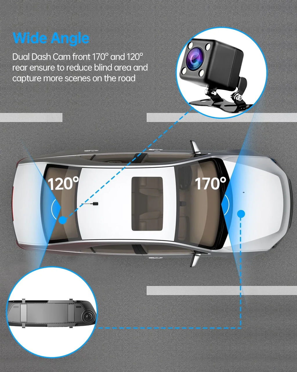 TOGUARD 720P Dual Dash Camera Front and Rearm, 4.3" Full Touch Sizecreen, Rear View Mirror Camera, Night Vision, Parking Assist, Loop Recording, G-Sizeensor