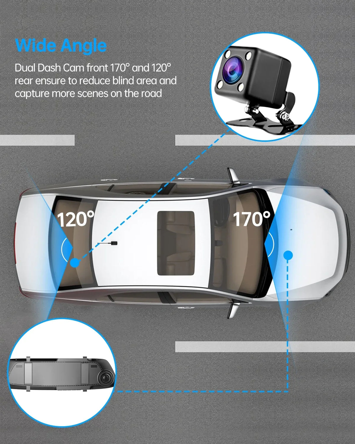 TOGUARD 720P Dual Dash Camera Front and Rearm, 4.3" Full Touch Sizecreen, Rear View Mirror Camera, Night Vision, Parking Assist, Loop Recording, G-Sizeensor