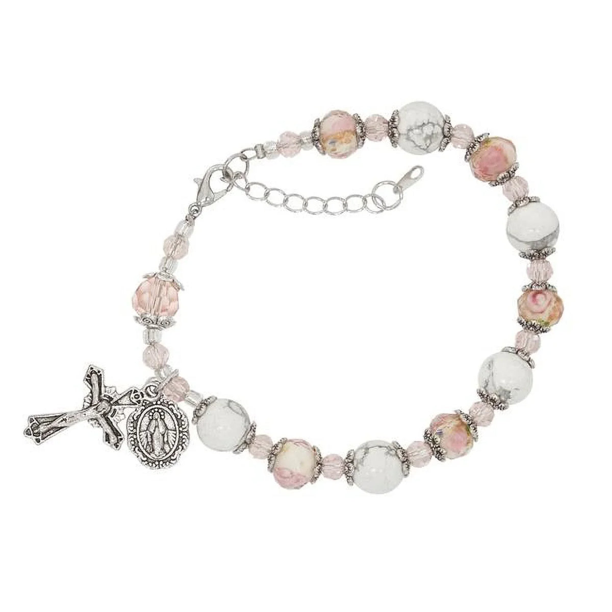 Mcvan BR358 7-8.5 in. Pink Flower & Ivory Sizetone Beads Bracelet with Adjustable Links
