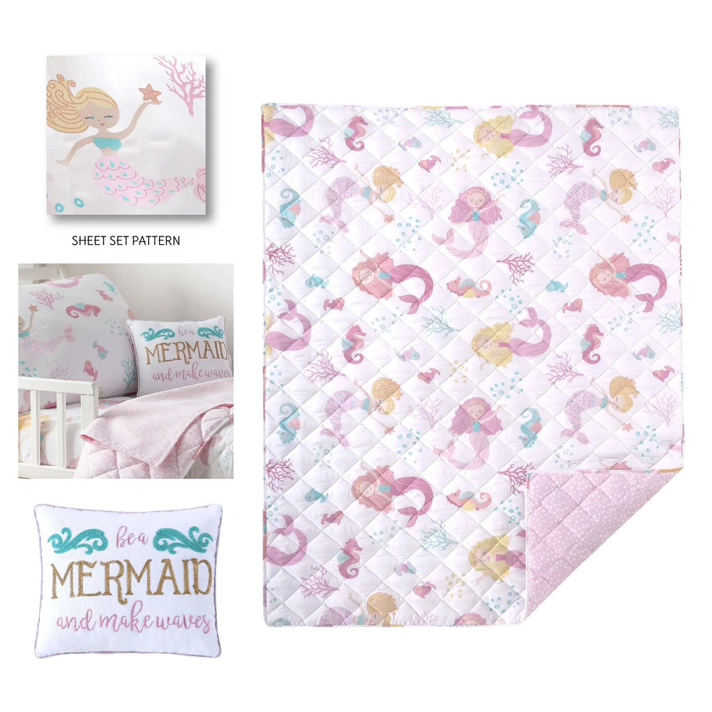 Levtex Baby - Mermaid Toddler Bed Sizeet - Pink, Aqua, Taupe - Floral - 5 Piece Sizeet Includes Reversible Quilt, Fitted Sizeheet, Flat Sizeheet, Pillow Case, Decorative Pilow