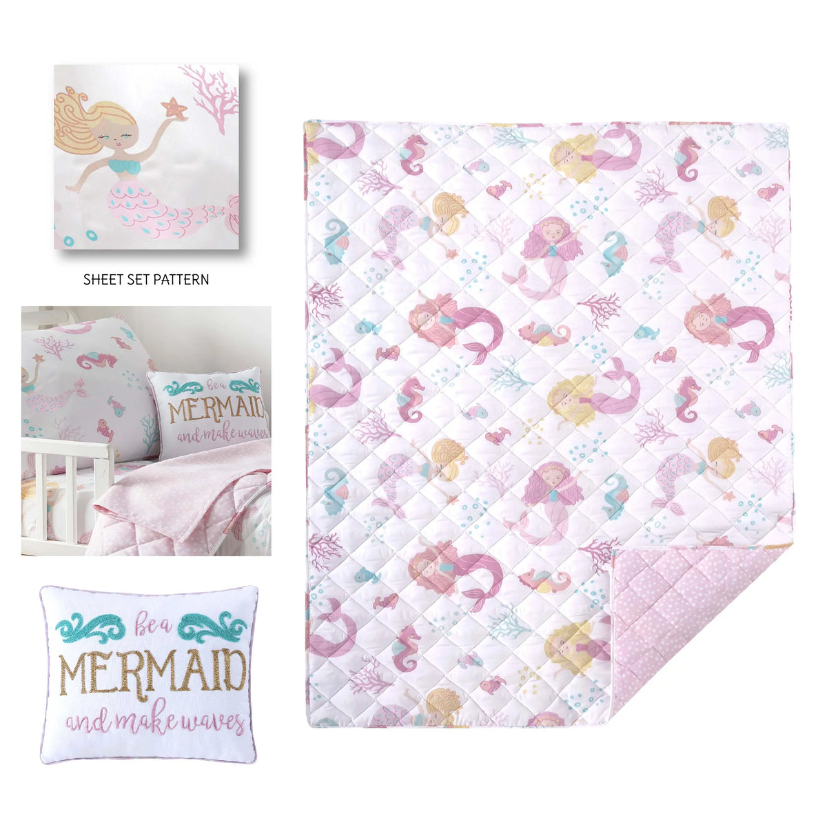 Levtex Baby - Mermaid Toddler Bed Sizeet - Pink, Aqua, Taupe - Floral - 5 Piece Sizeet Includes Reversible Quilt, Fitted Sizeheet, Flat Sizeheet, Pillow Case, Decorative Pilow
