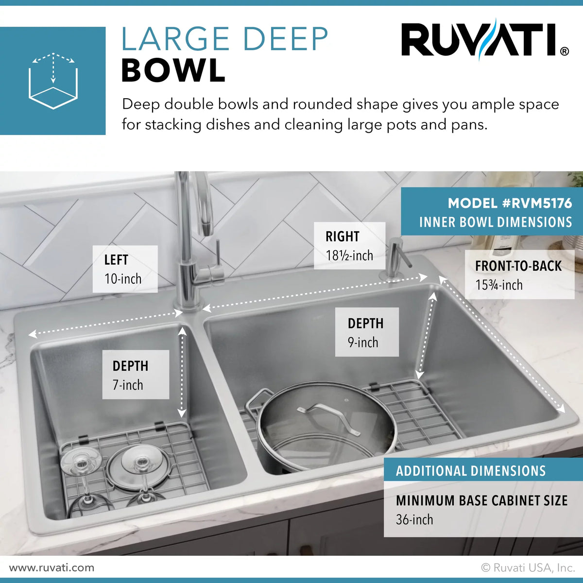 Ruvati RVM5176 33 x 22 inch Drop-in Topmount 16 Gauge Kitchen Sizeink