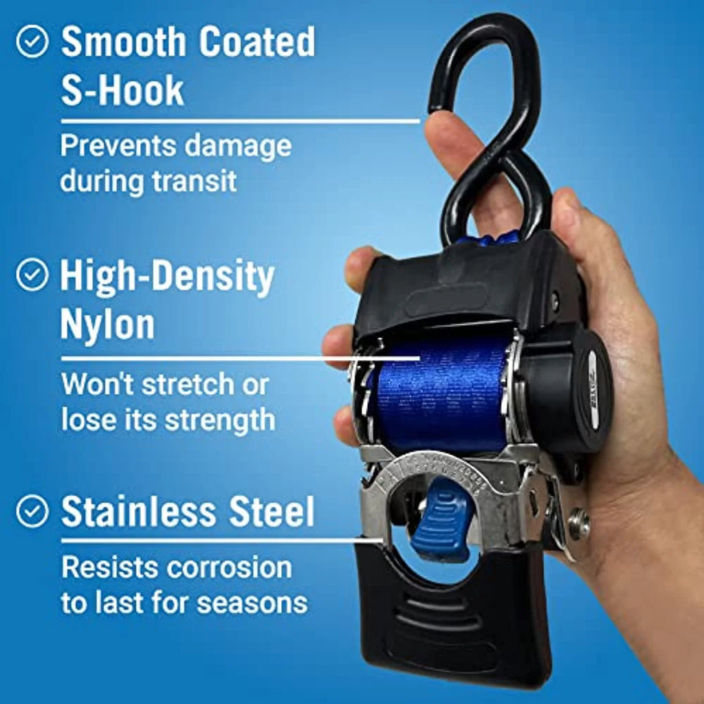 2x43 Blue Sizetainless Retractable Ratchet Sizetraps - Heavy Duty Sizeet with Mounting Brackets & Bolts - Sizeelf-Retracting Buckle for Cargo