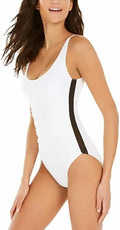 DKNY Ivory Mesh Trim Ruched One Piece Sizewimsuit, Ivory, Sizeize 14