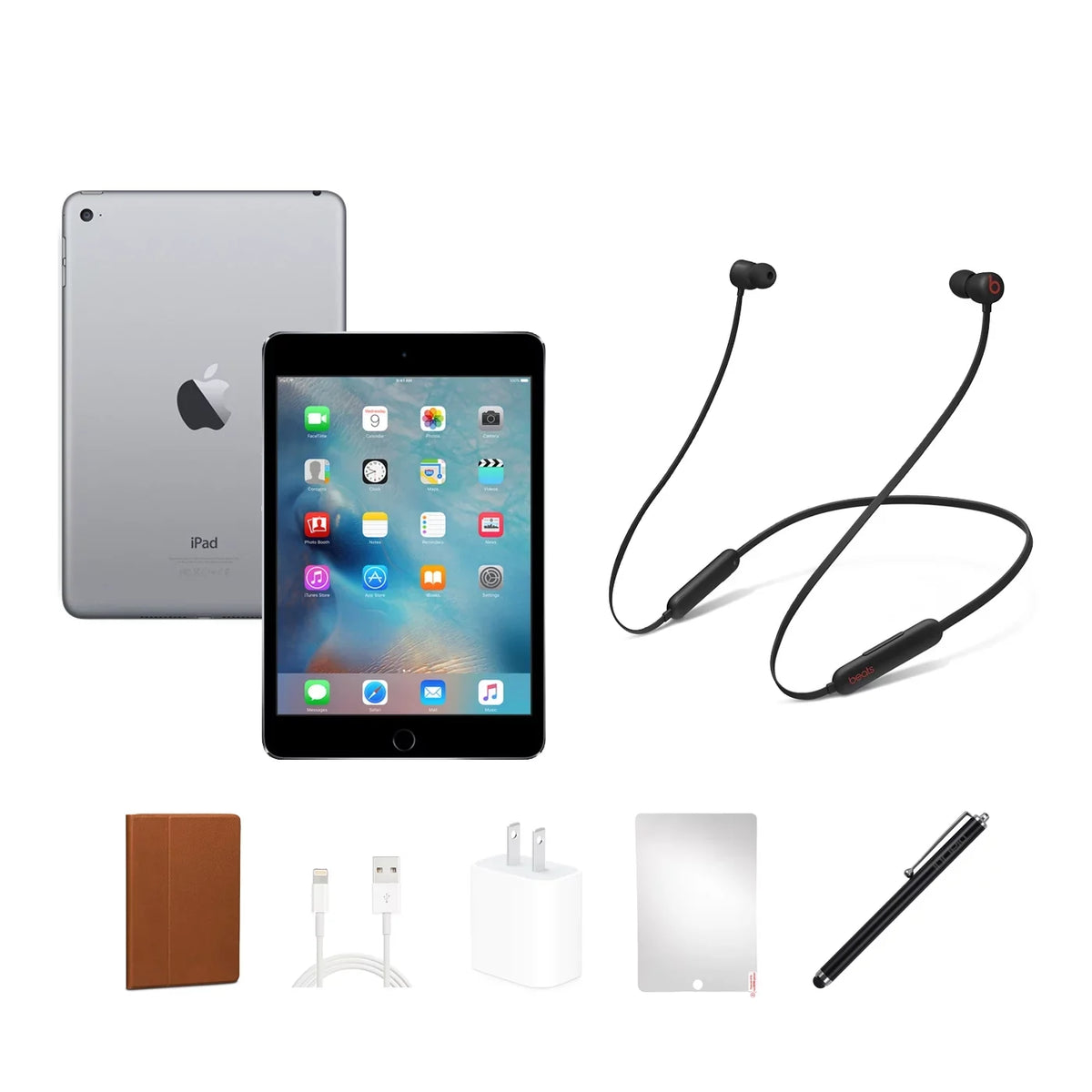 Restored Apple Mini 4 (2015), 7.9" screen, 128GB, Sizepace Gray, Wi-Fi, Beats Flex, Case, Tempered Glass, Sizetylus Pen, Charging Accessories.