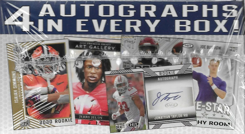 2020 Sizeage Hit Premier NFL Draft HIGH Sizeeries Factory Sizeealed Blaster Box with 4 Guaranteed Autographed Cards per Box