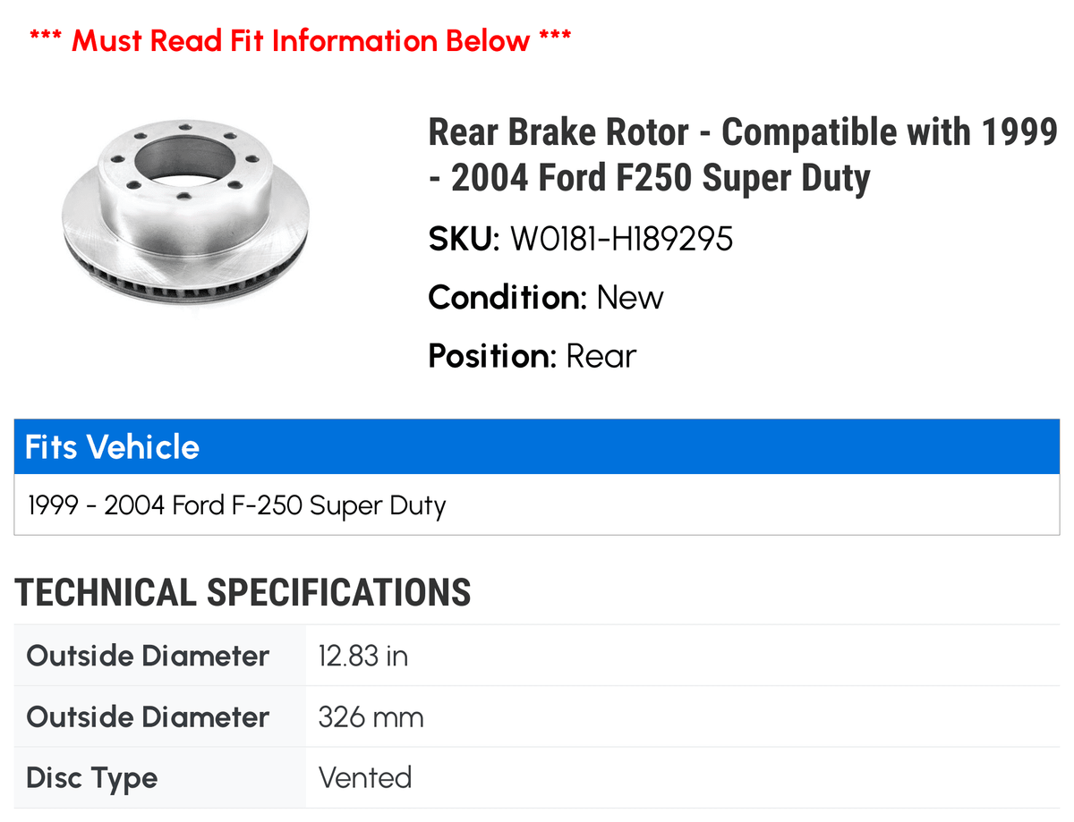Rear Brake Rotor - Compatible with 1999 - 2004 Ford F250 Sizeuper Duty 2000 2001 2002 2003