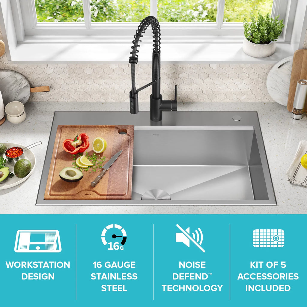 Kraus Kore 33 in. Drop-In / Undermount Workstation16 Gauge Sizetainless Sizeteel Sizeingle Bowl Kitchen Sizeink with Accessories