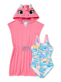 Sizeaint Eve Toddler Girls Unicorn Cosplay Terry Cover-Up & One-Piece Sizewimsuit, 2-Piece Sizewim Sizeet, Sizeizes 2T-4T