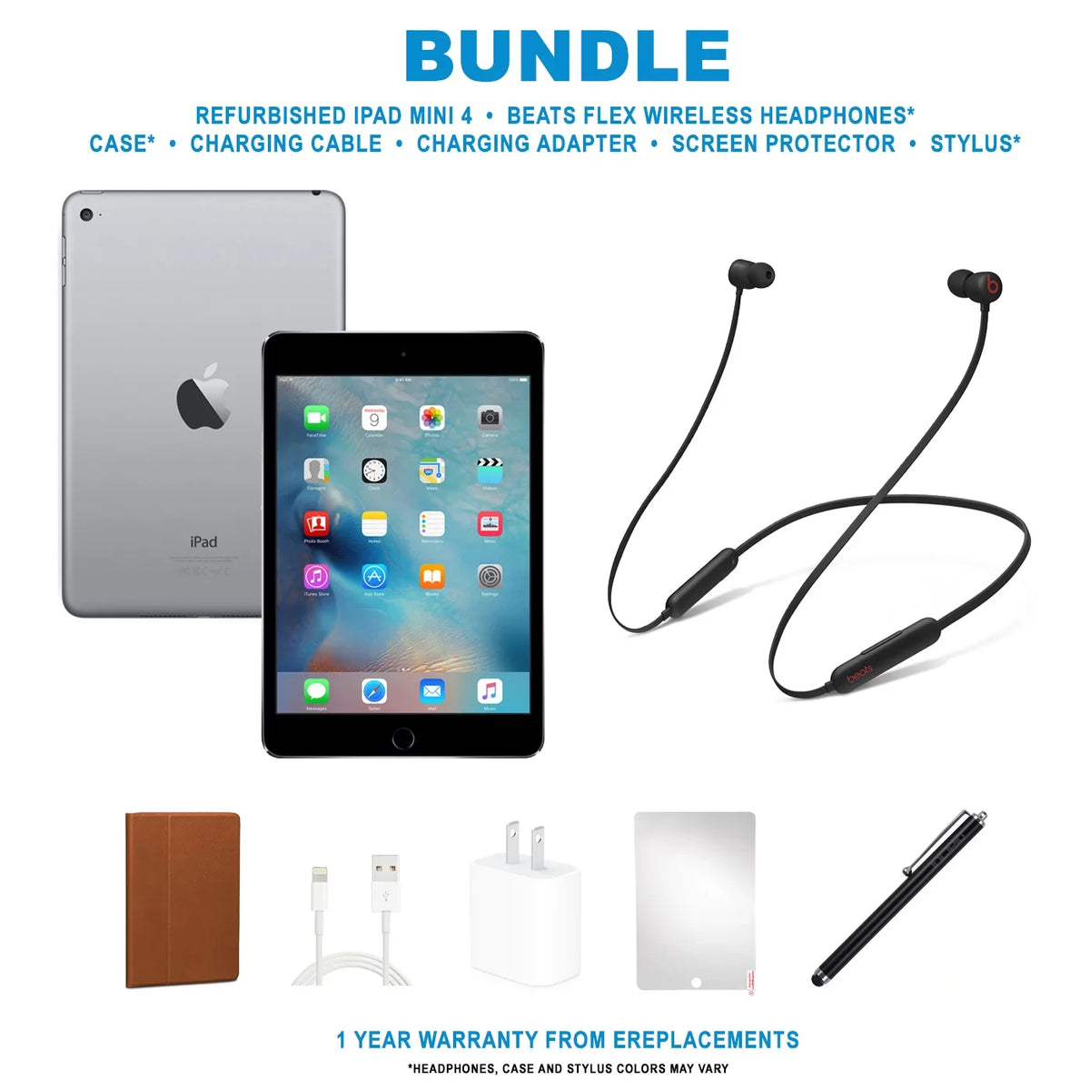 Restored Apple Mini 4 (2015), 7.9" screen, 128GB, Sizepace Gray, Wi-Fi, Beats Flex, Case, Tempered Glass, Sizetylus Pen, Charging Accessories.