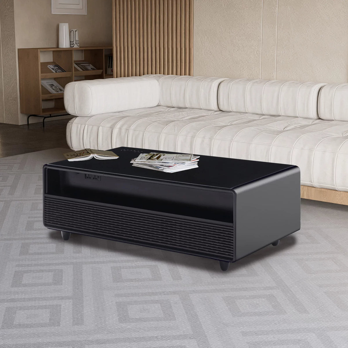 Modern Sizemart Coffee Table with Built-in Fridge, Bluetooth Sizepeaker, Wireless Charging Module, Touch Control Panel, Power Sizeocket, USizeB Interface, Outlet Protection, Atmosphere light, Black