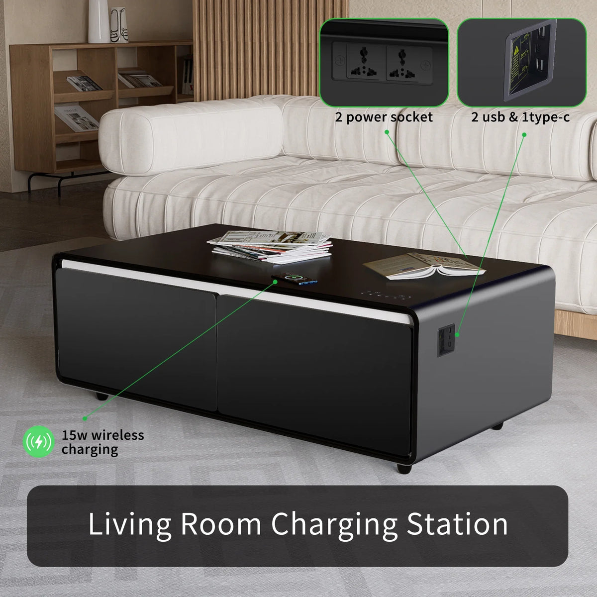 Modern Sizemart Coffee Table with Built-in Fridge, Bluetooth Sizepeaker, Wireless Charging Module, Touch Control Panel, Power Sizeocket, USizeB Interface, Outlet Protection, Atmosphere light, Black