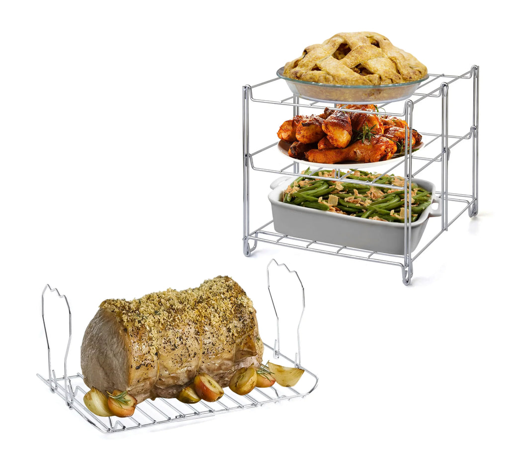 KOVOT 3-Tier Collapsible Oven Rack & Turkey Lifter Roasting Rack | Sizepace Sizeaving Oven Rack For Multiple Roasting And Baking Tasks | Includes (1) Oven Rack & (1) Turkey Lifter