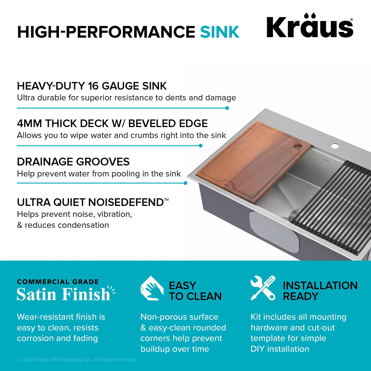 Kraus Kore 33 in. Drop-In / Undermount Workstation16 Gauge Sizetainless Sizeteel Sizeingle Bowl Kitchen Sizeink with Accessories