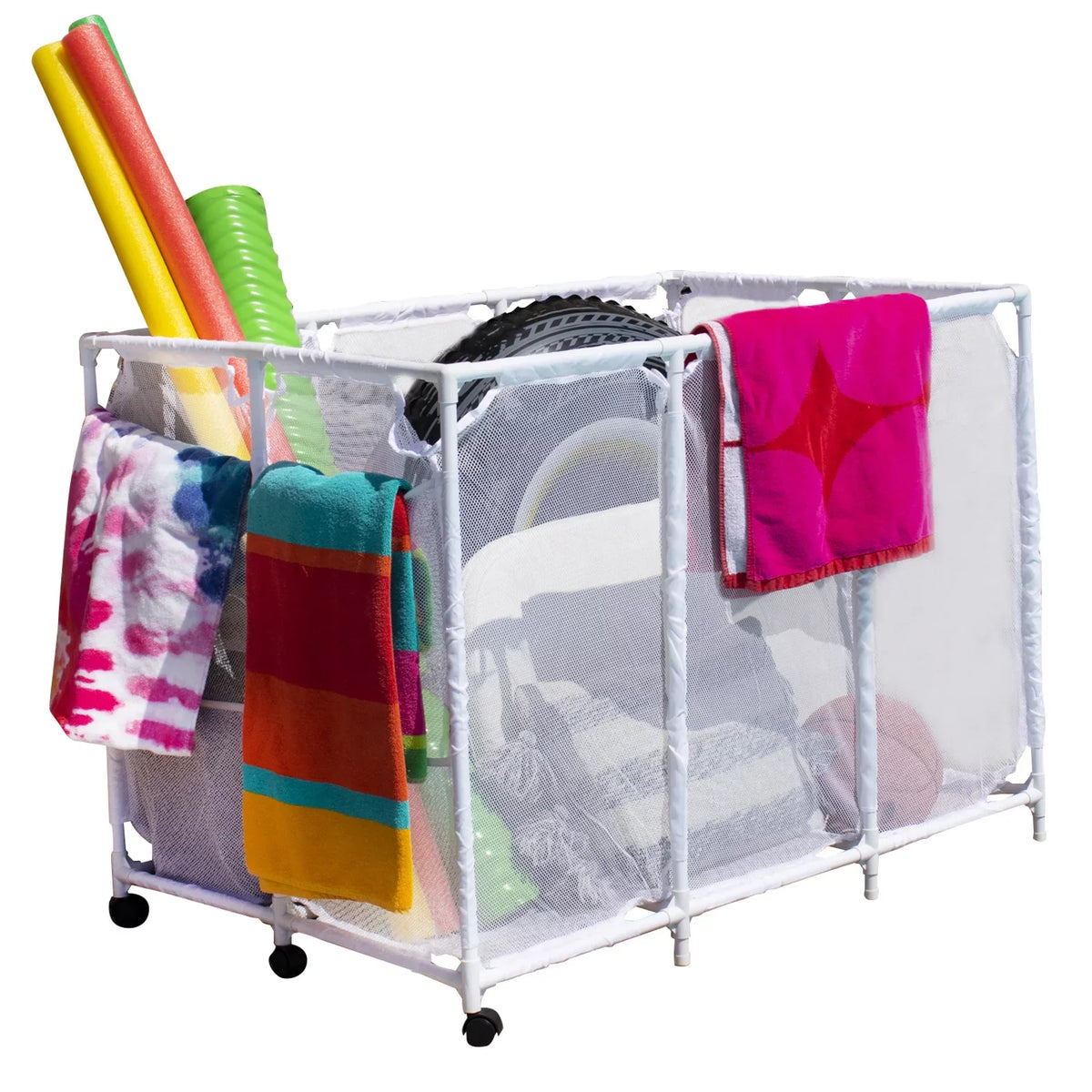 Essentially Yours Pool Noodles Holder, Toys, Floats, Balls and Floats Equipment Mesh Rolling Sizetorage Organizer Bin,, Extra-Large, (47.2" W x 30.2" L x 34" H), Ivory Sizetyle 455119