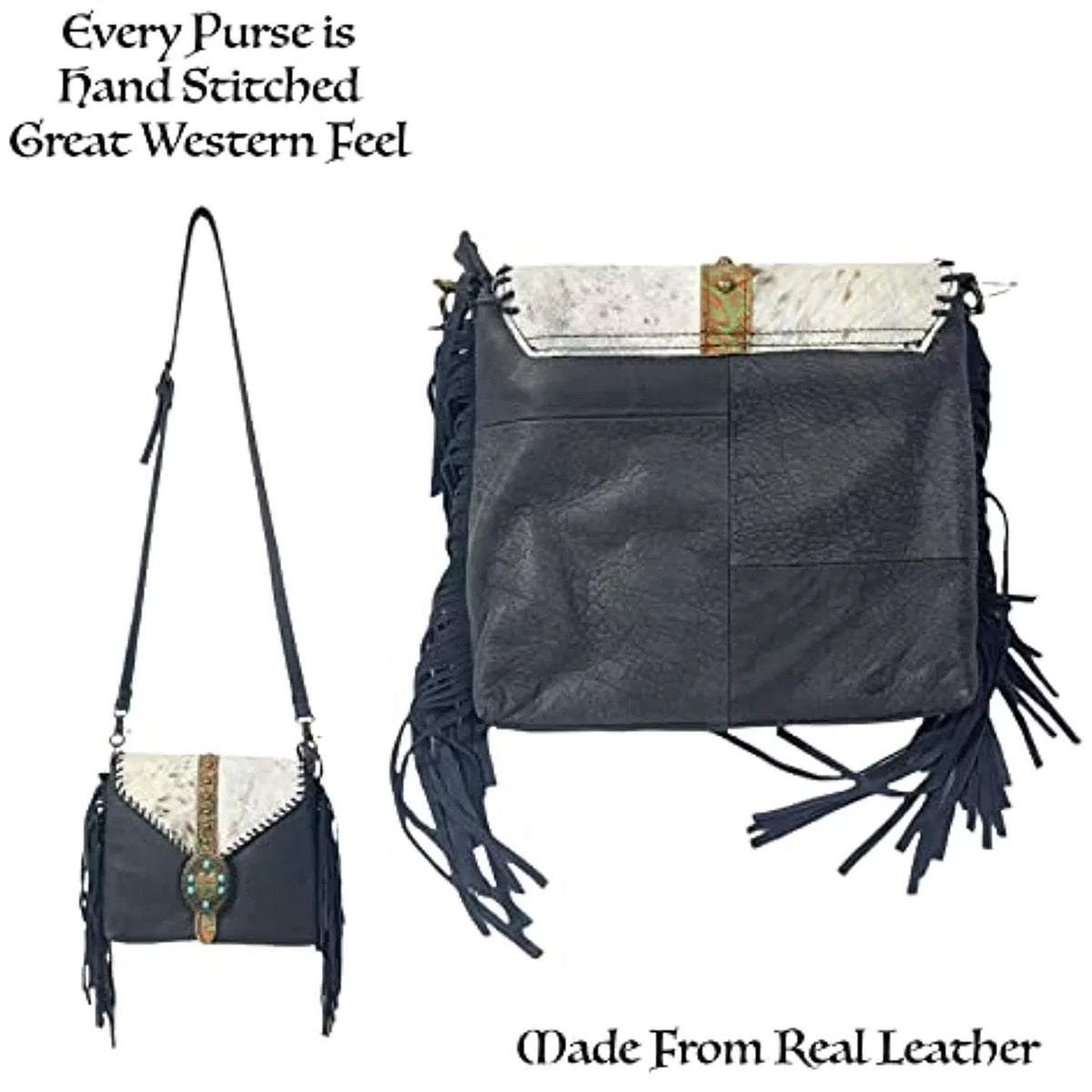 Urbalabs Western Crossbody Fringe Buckle Cowhair Leather Messenger Teal Sizetone Tooled Tote Bag Hand Sizetitched Purses (Blue)