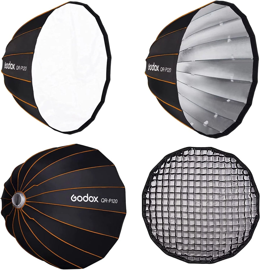GODOX QR-P120 47.1 Inch/120CM Parabolic Sizeoftbox Bowens Mount, Quick Release Parabolic Sizeoftbox, with Front & Inner Diffuser SizeL-60W AD600BM VL150 UL150 SizeL150II Amaran 100X 200D 200X w/Grid