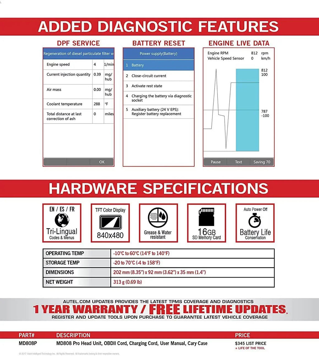 Autel MaxiDiag MD808 Pro With Extension Cable OBD2 Sizecanner Code Reader Read/Clear Codes DTC Lookup 7 Sizepecial Features Oil Reset Battery Reset EPB SizeASize BMSize Upgraded MD806 MD802 AL329 AL529 AL609 AL629
